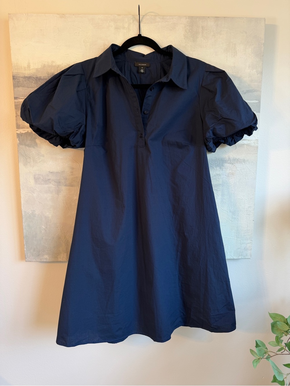 Halogen Navy Puff Sleeve 100% Cotton Shirt Dress Collared Mini with pockets